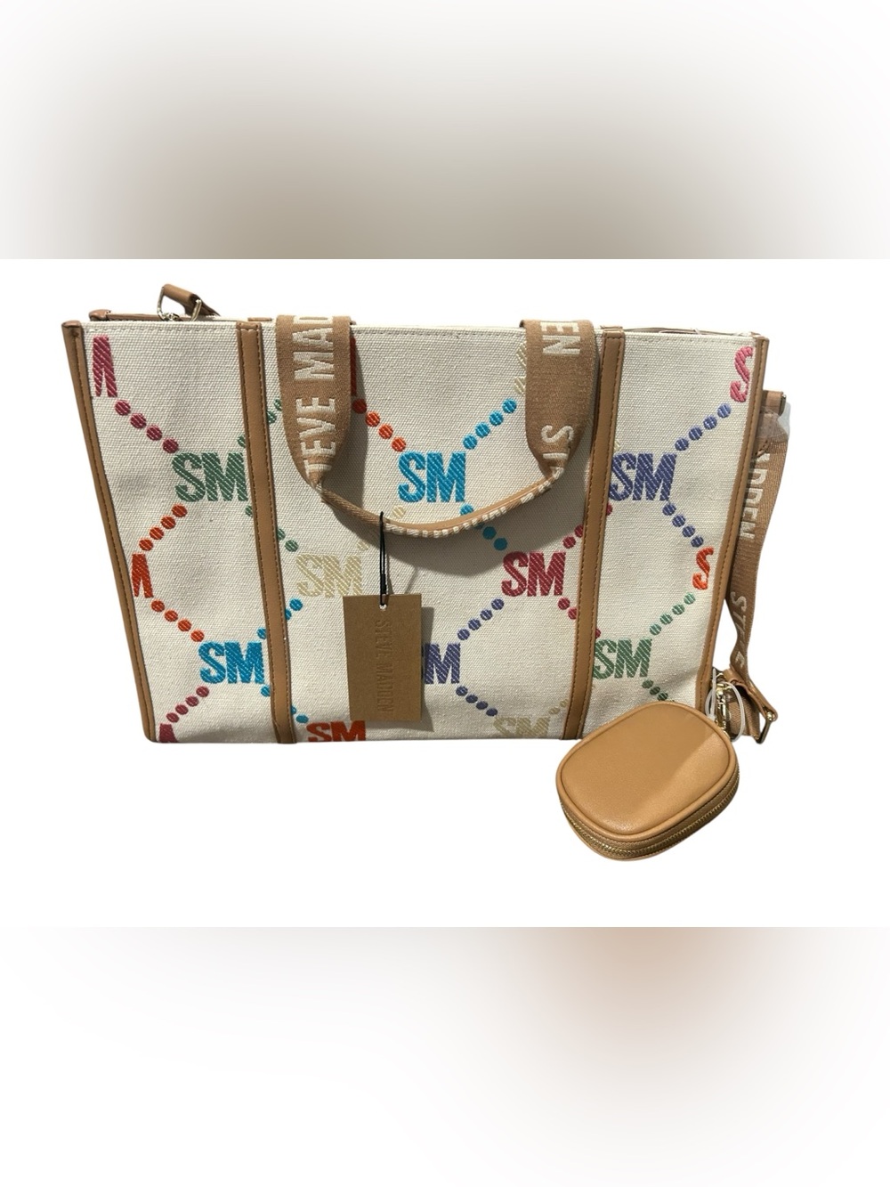 Steve Madden Cream Canvas Tote with Multicolor SM Logo
